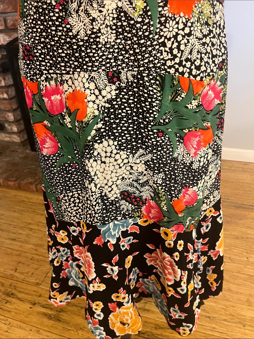 Maeve Black Floral Midi Dress with Pink and Orange Accents - Picture 3 of 5